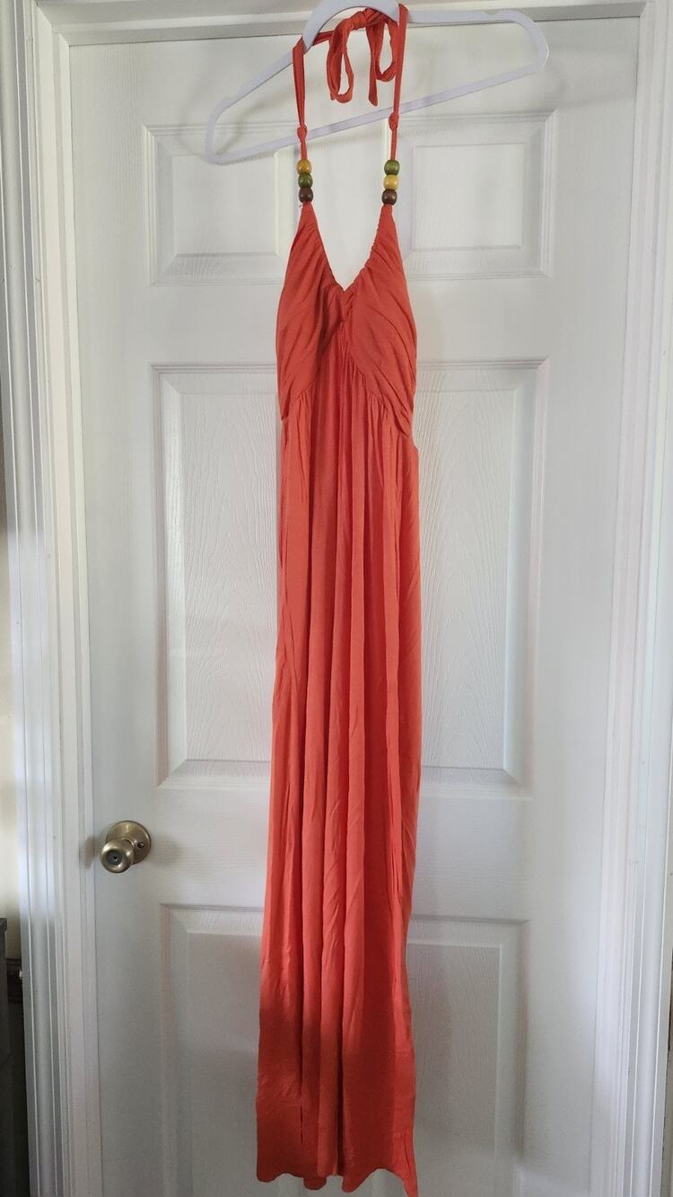 Sievergate Beaded Halter Maxi Dress Coral Orange Red Boho Festival Large D36